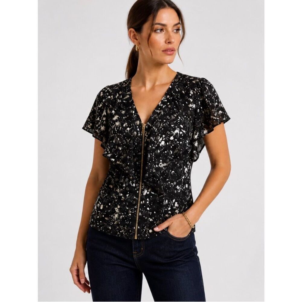 Tory Burch Rebecca Paint Splatter Front Zipper Closure Silk Ruffle Blouse